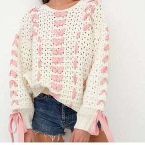For Love And Lemons Cream and Pink Ribbon Sweater